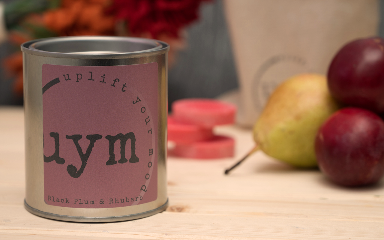 Handmade Black Plum and Rhubarb Scented Candle in a Metallic Tin