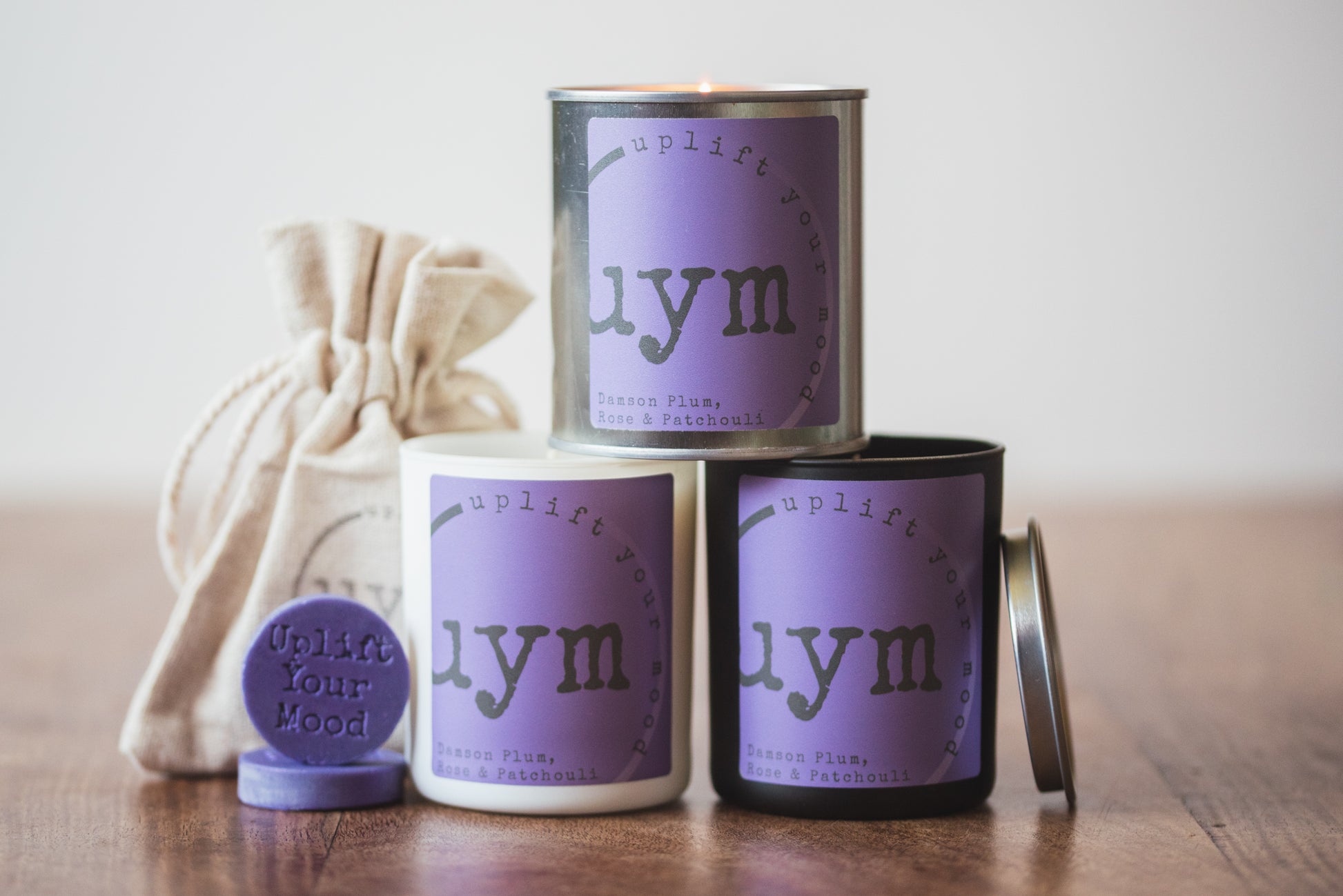Damson Plum, Rose & Patchouli Candles and wax melts, highly sceted natural wax, organic cotton wick, various container to choose from, purle label. Uplift Your Mood Scents