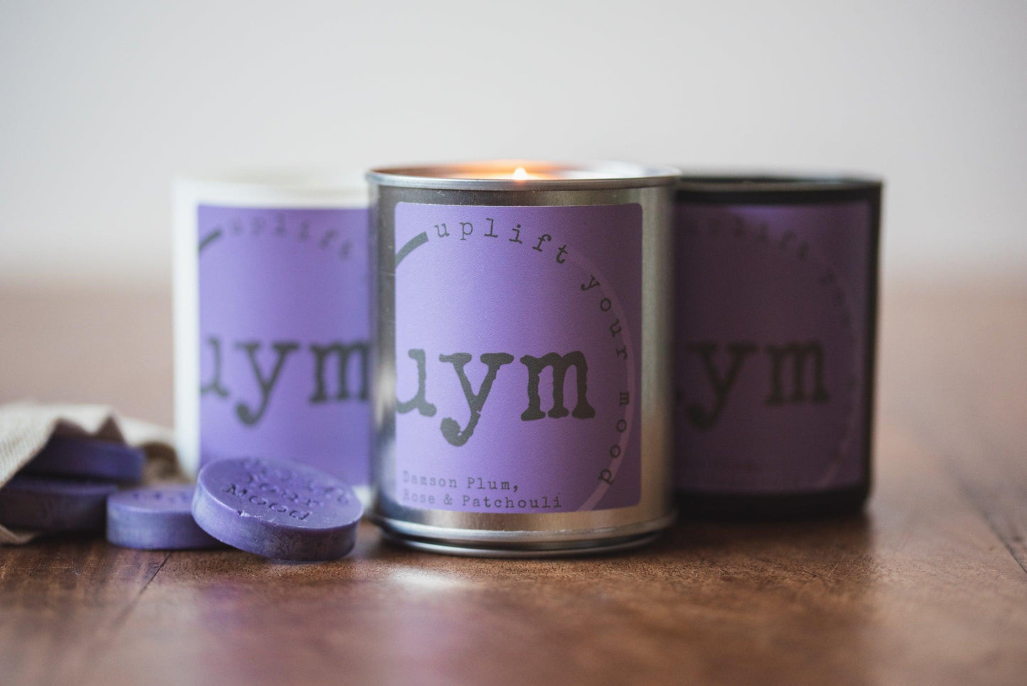 Damson Plum, Rose & Patchouli Candles, highly sceted natural wax, organic cotton wick, various container to choose from, purle label. Uplift Your Mood Scents