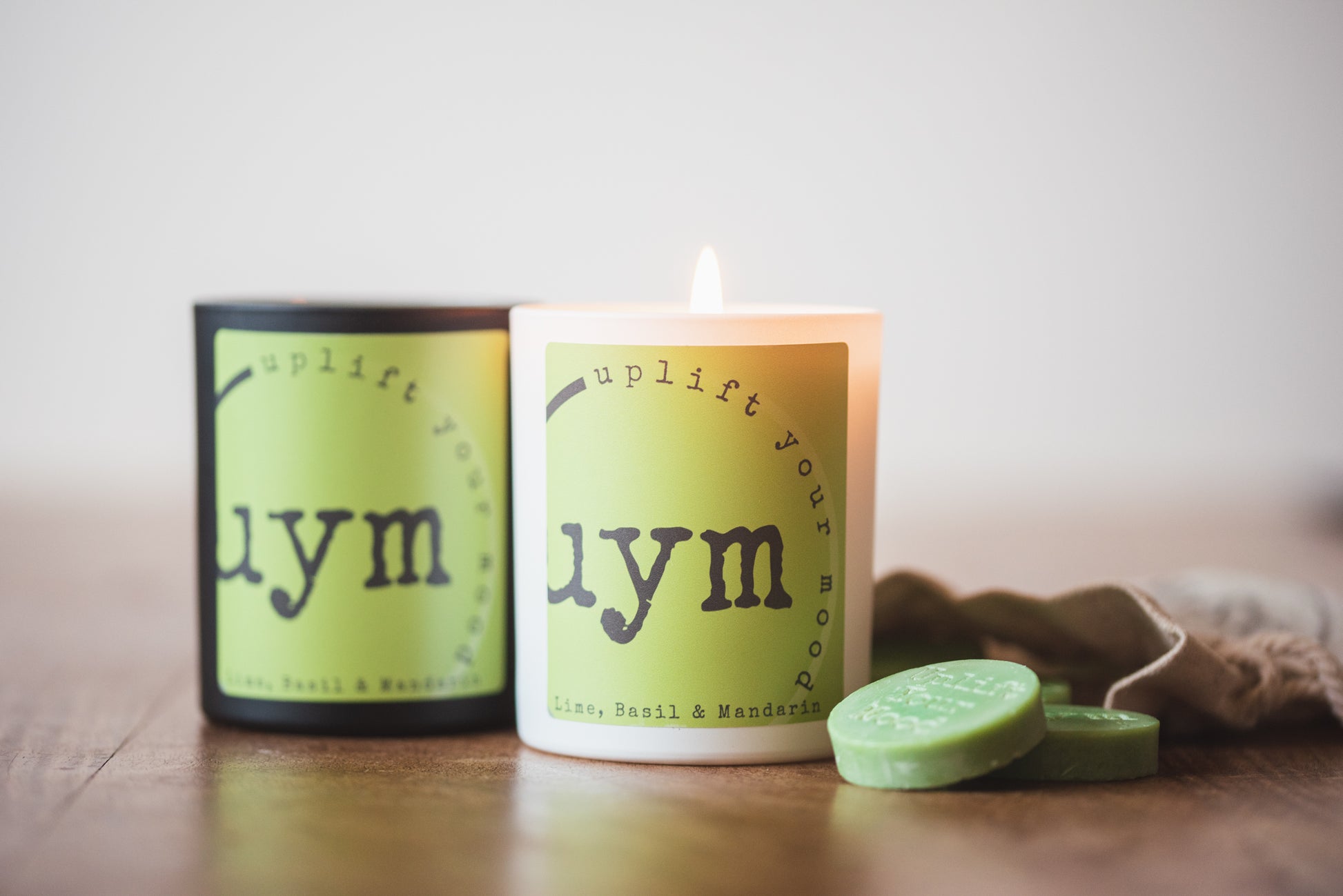 Lime, Basil & Mandarin Candle, natural wax candles, matt white and matt black glass jars, scented natural wax melts in cotton bags, Uplift Your Mood Scents