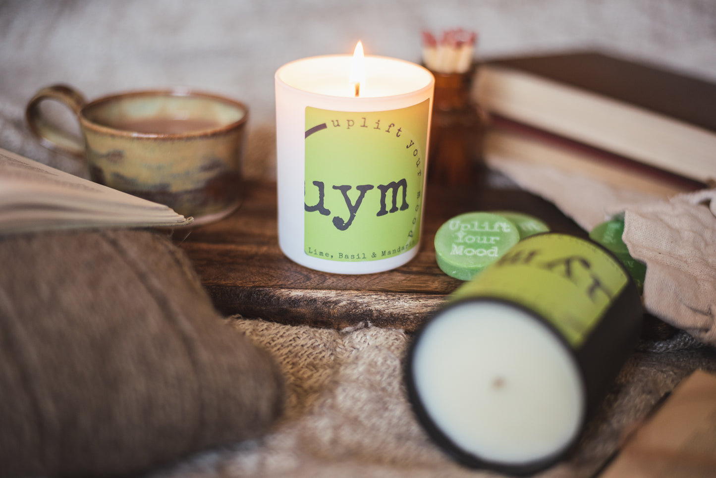 Lime, Basil & Mandarin Candle, natural wax candles, matt white and matt black glass jars, scented natural wax melts in cotton bags, Uplift Your Mood Scents