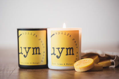 Thai Lime and Mango natural wax candle, glass jar candle, available in matt black and matt white, natural wax melts yellow in a cotton bag, Uplift Your Mood Scents